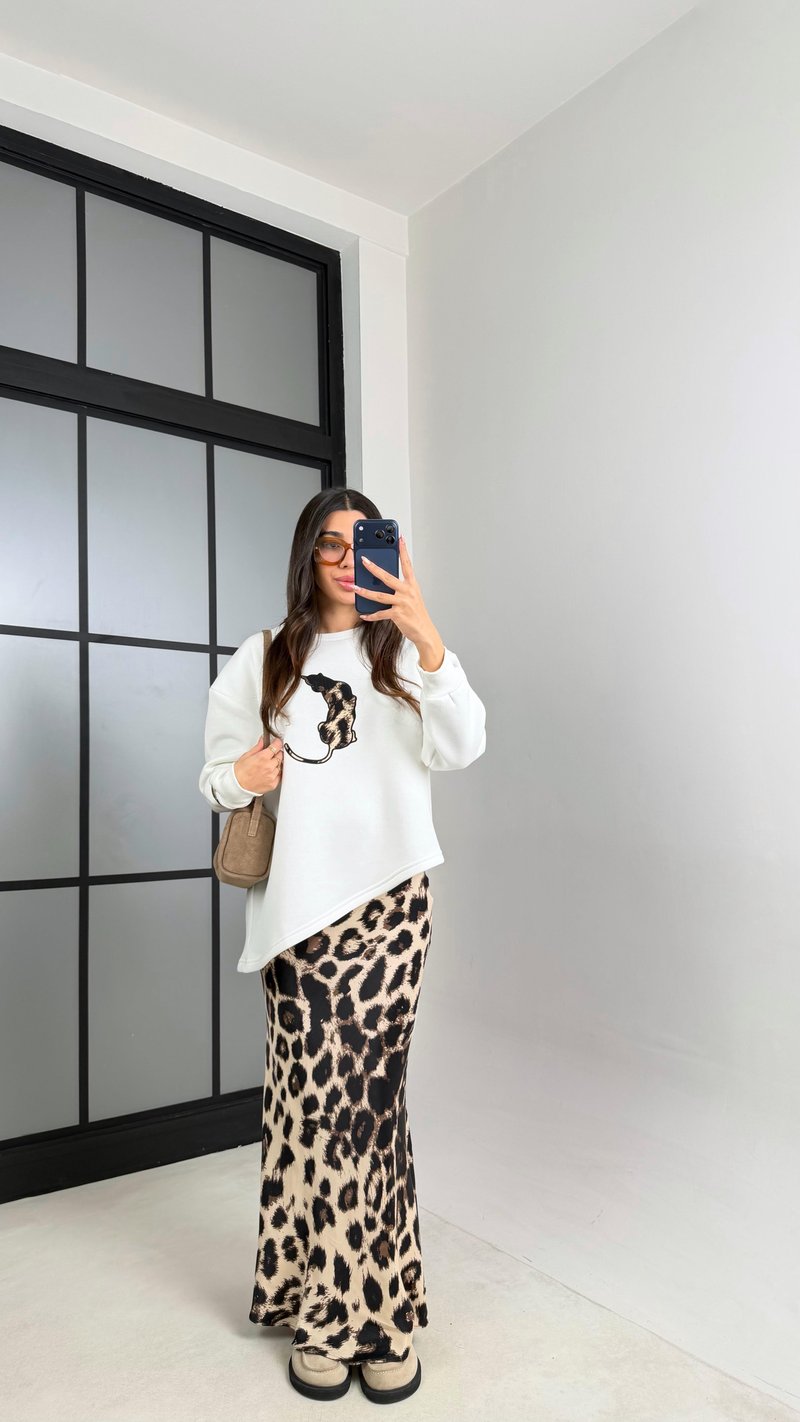 Beyaz LEOPAR DESENLİ BLUZ ETEK SATEN TAKIM GAUS-00903