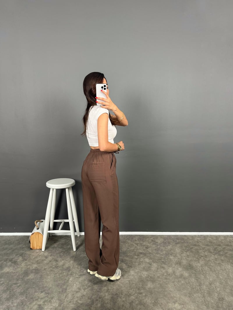 Flay Kahverengi İthal Kumaş ZR Model Bel Bağlamalı Rahat Pantolon