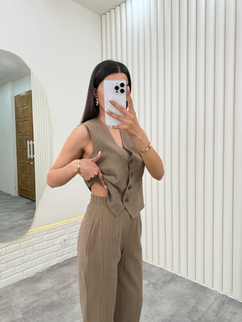 Kahve Yelekli Beli Lastikli Pantolon İkili Keten Takım Gaus00276
