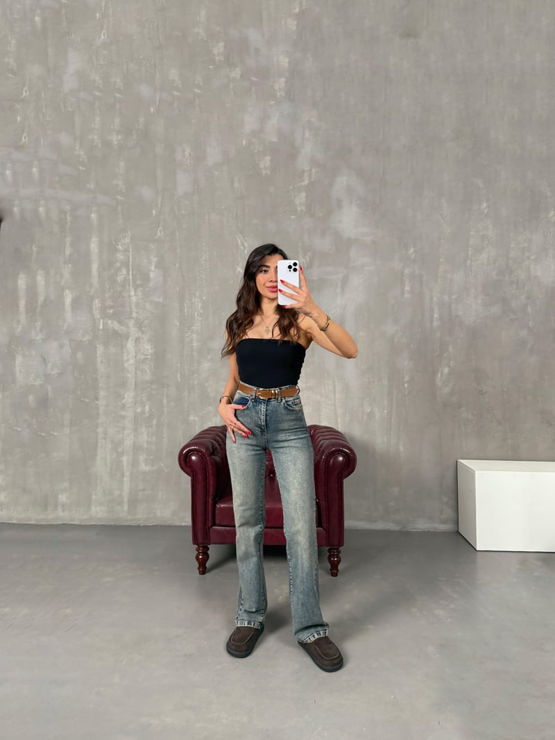 Fedi Mavi Eskitme Kahve Kemerli Yüksek Bel Wide Leg Jean