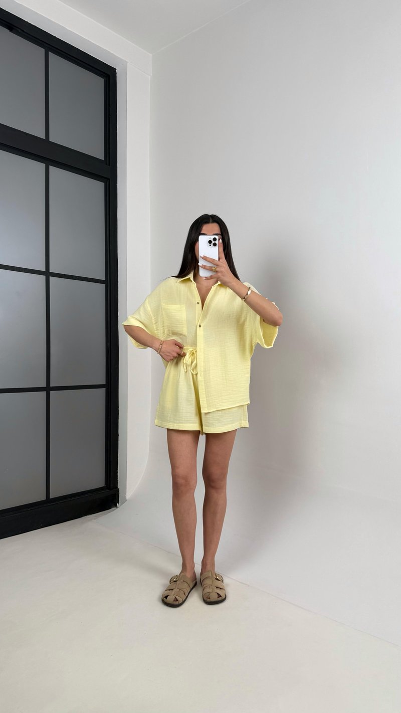 Sarı Cepli Gömlek Beli Lastikli Şort Müslin Takım Gaus00445