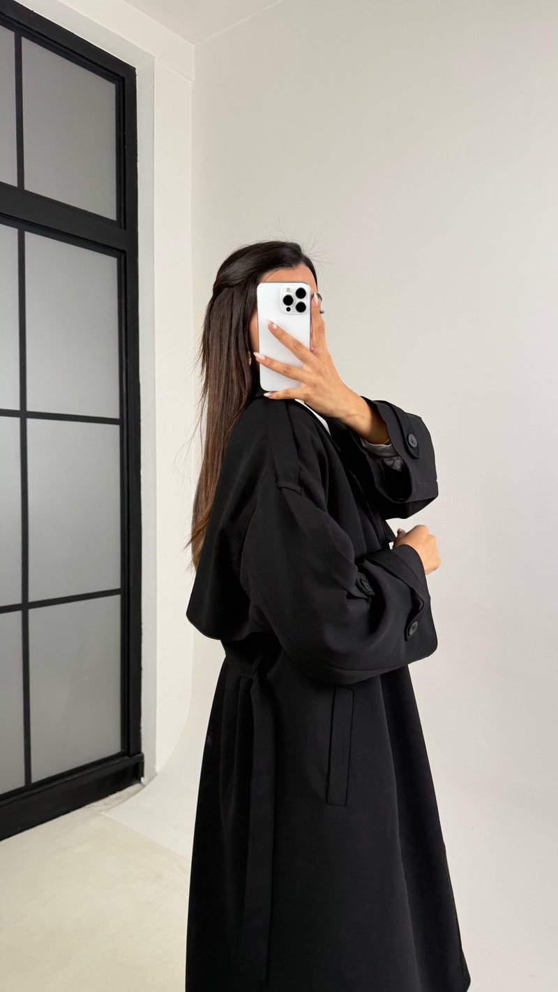 Siyah Kuşaklı Astarlı Cepli Premium Uzun Trençkot GAUS-00119