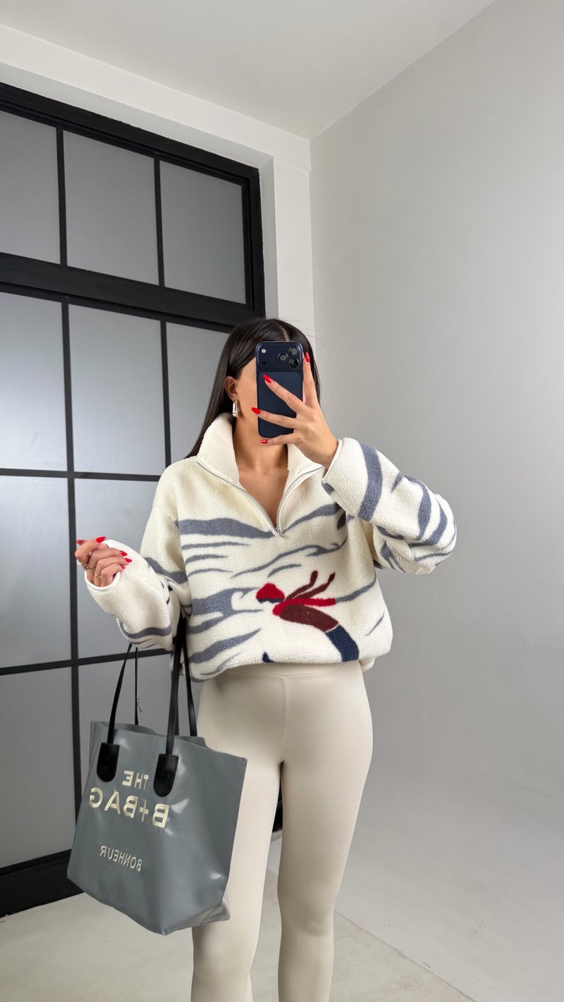 Krem Fermuarlı Kızak Desenli Polar Sweatshirt Gaus-00723 gaus-01029