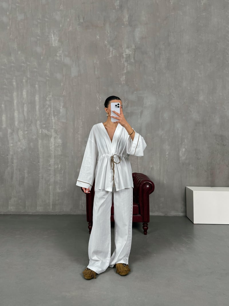 Beyaz Bağlamalı Keten Kimono Takım Gaus00034