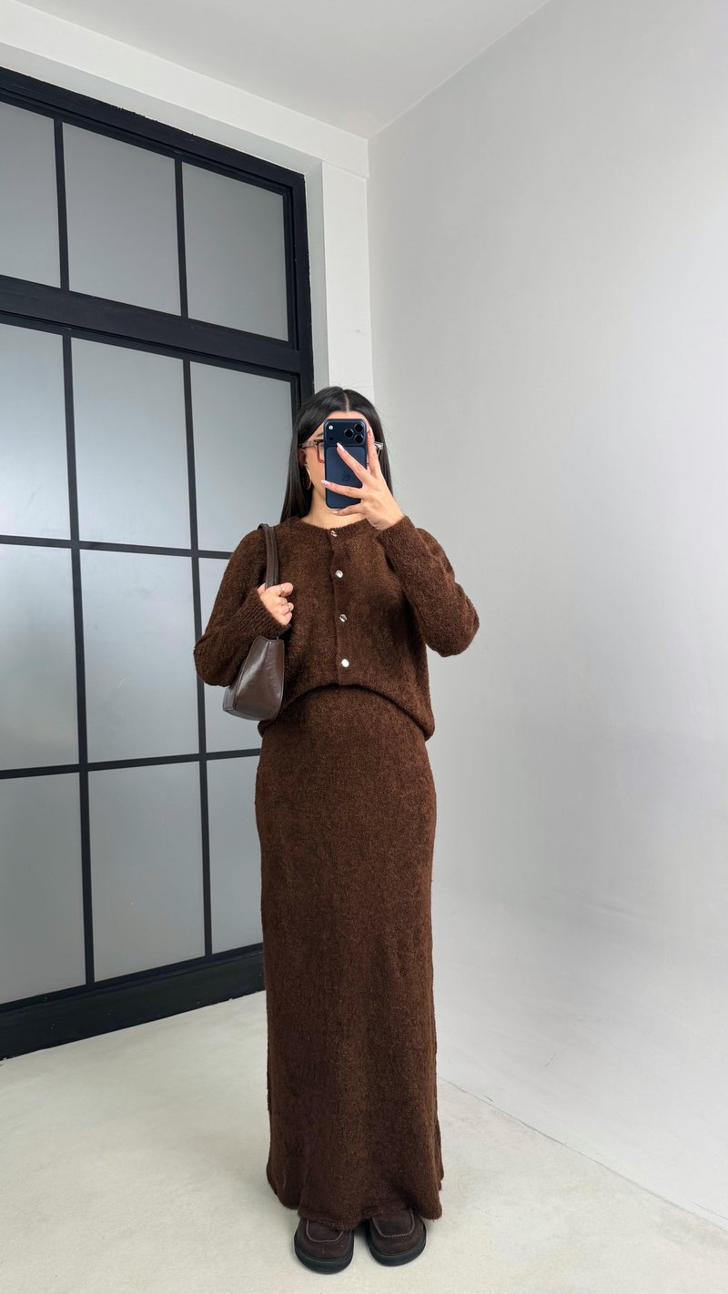 Kahve Hırka Beli Lastikli Etek Triko takım GAUS-00853
