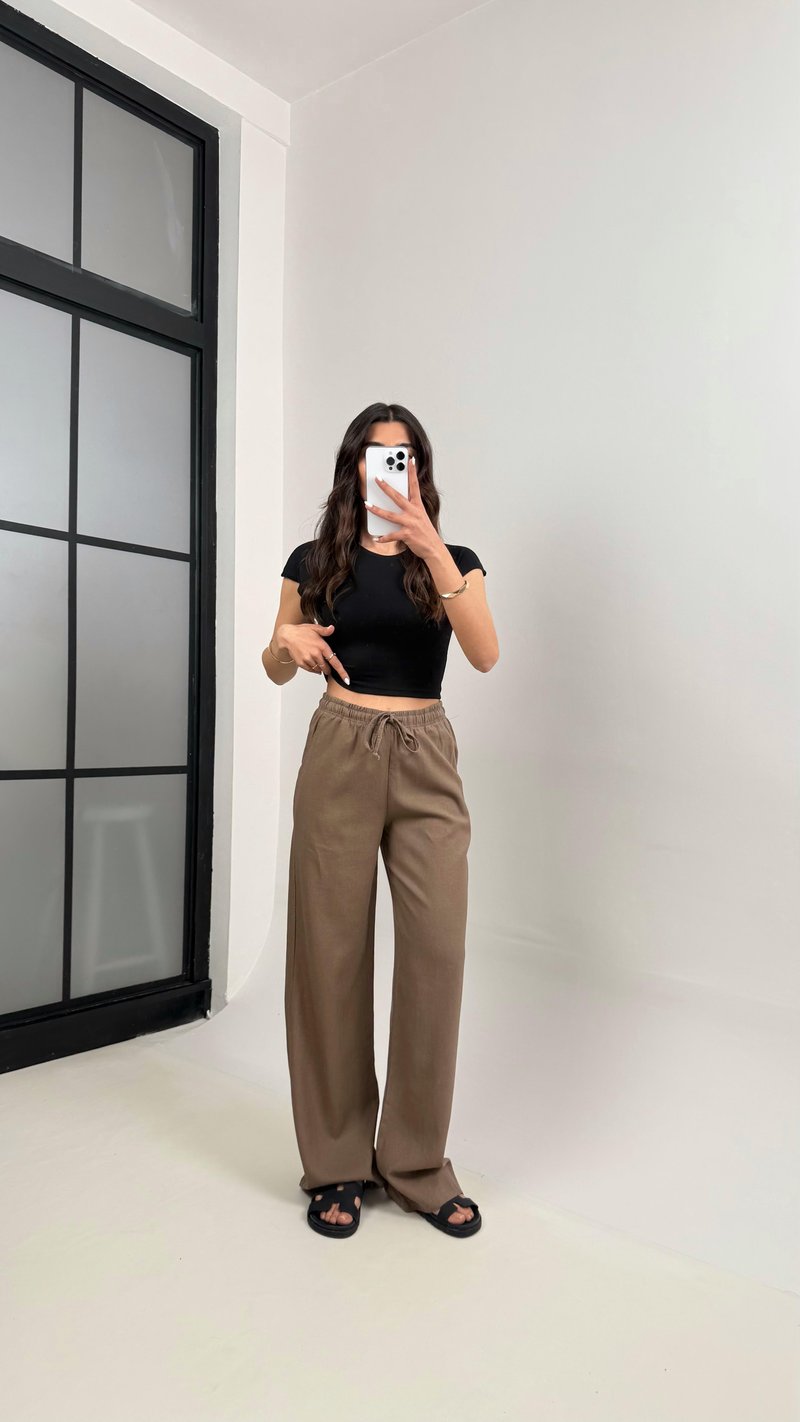 Kahve Beli Lastikli Muadil Keten Pantolon Gaus00346