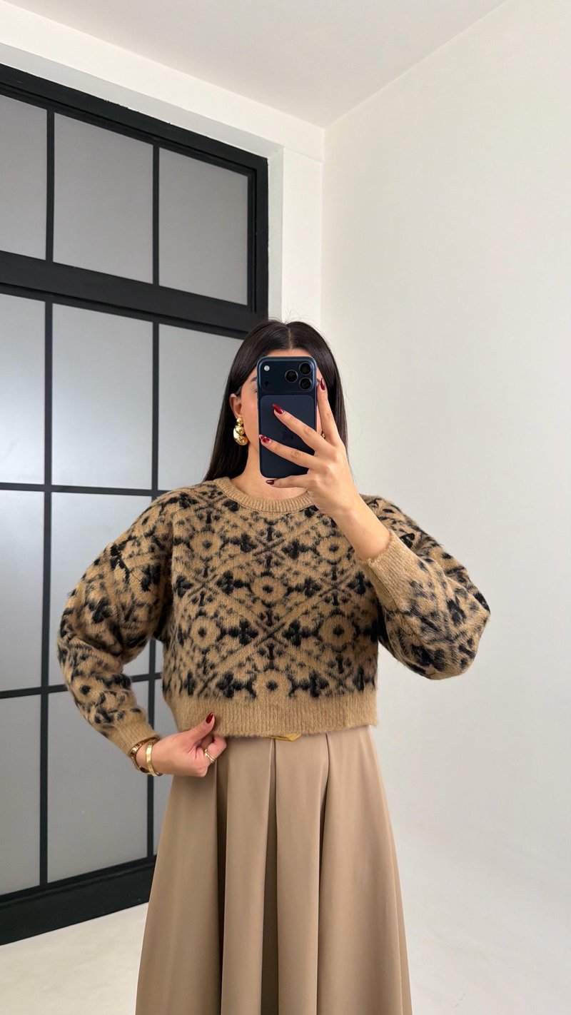 Camel Desenli Muadil Crop Kazak GAUS-00756