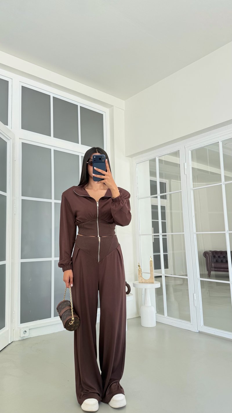 Kahve Vatkalı Hırka Fermuar Detaylı Pantolon İkili Takım GAUS-02098