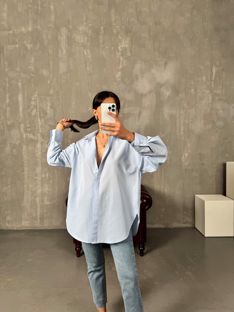 Rese Mavi Basic Gizli Düğmeli Oversize Gömlek