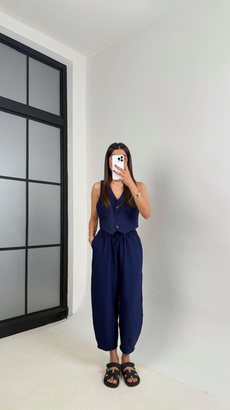Lacivert Astarlı Yelek Balon Pantolon Çilek Kumaş Takım Gaus00501
