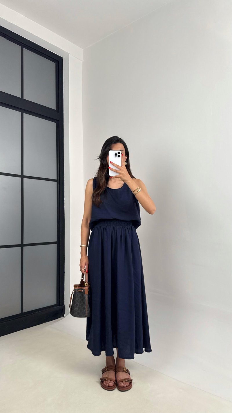 Lacivert Bluz Beli Lastikli Etek İkili Kırışık Tencel Takım Gaus00522