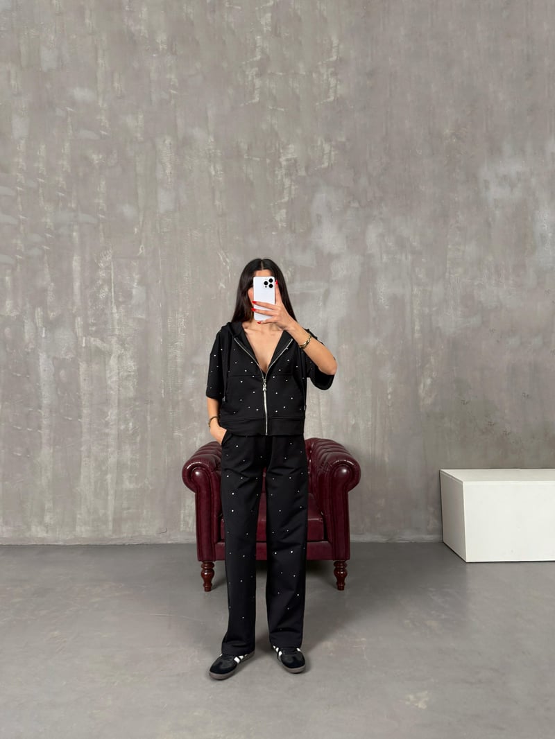 Ginza Siyah Taşlı Kapüşonlu Kısa Kollu Üst Alt İkili Takım