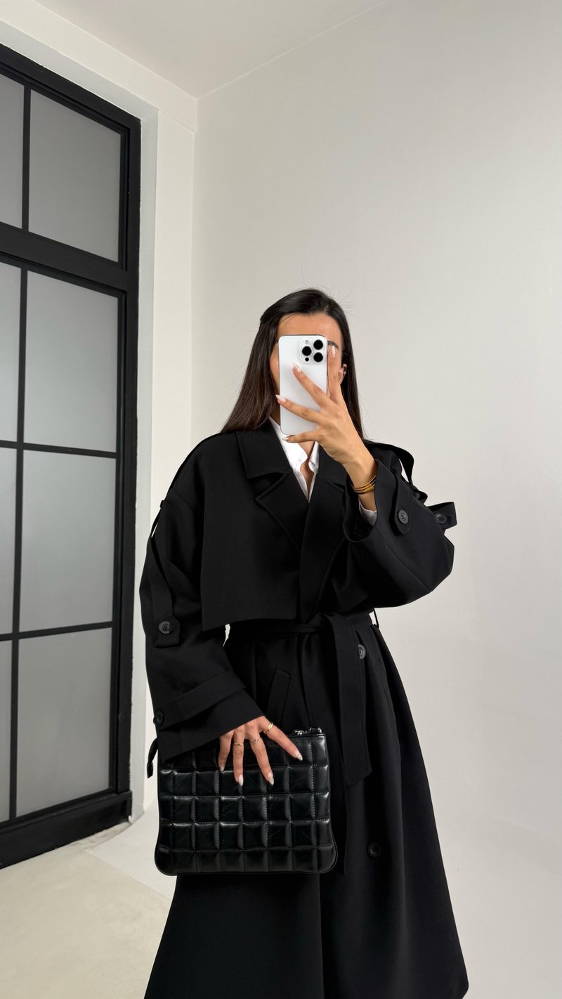 Siyah Kuşaklı Astarlı Cepli Premium Uzun Trençkot GAUS-00119