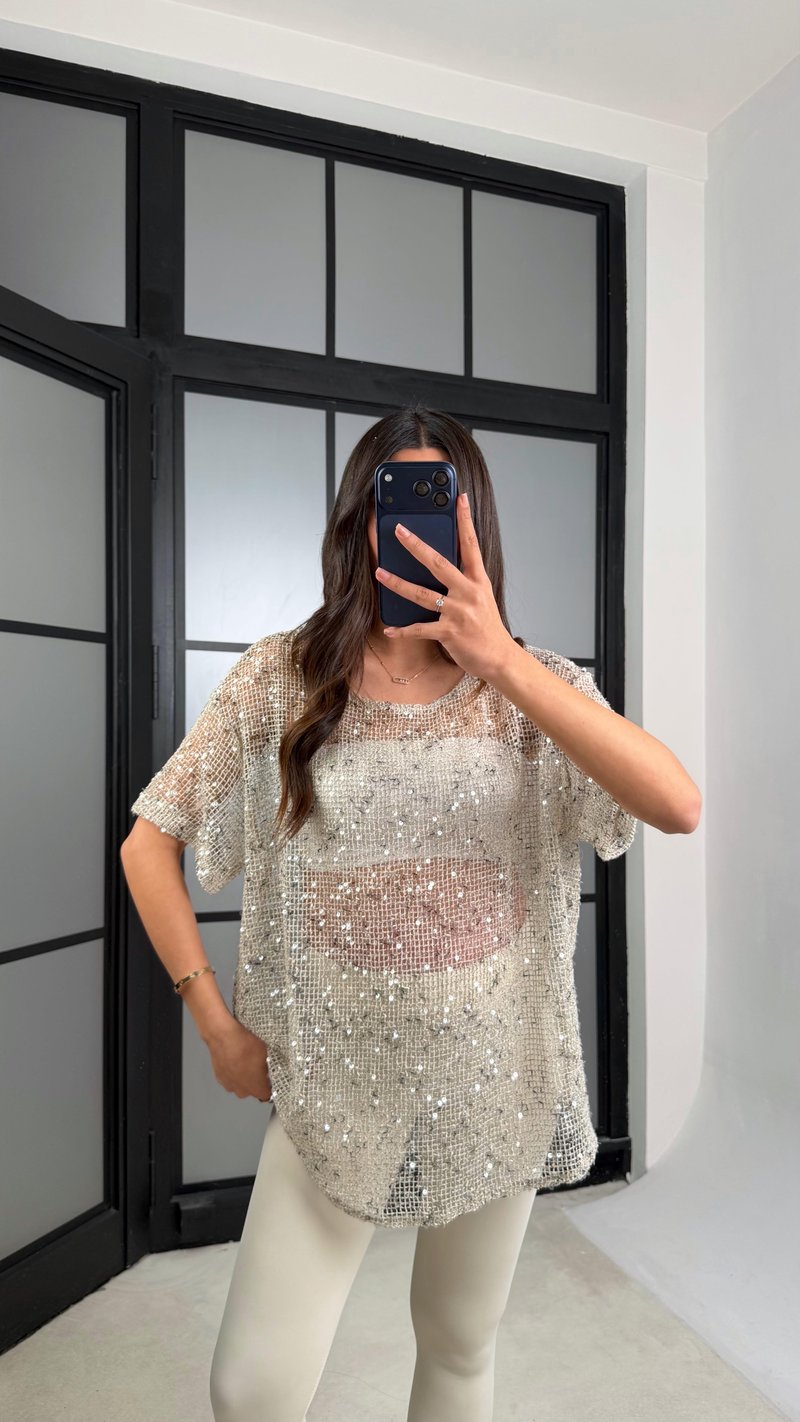 Taş Muadil Pul İşleme Detaylı İthal Oversize Bluz  GAUS-01187