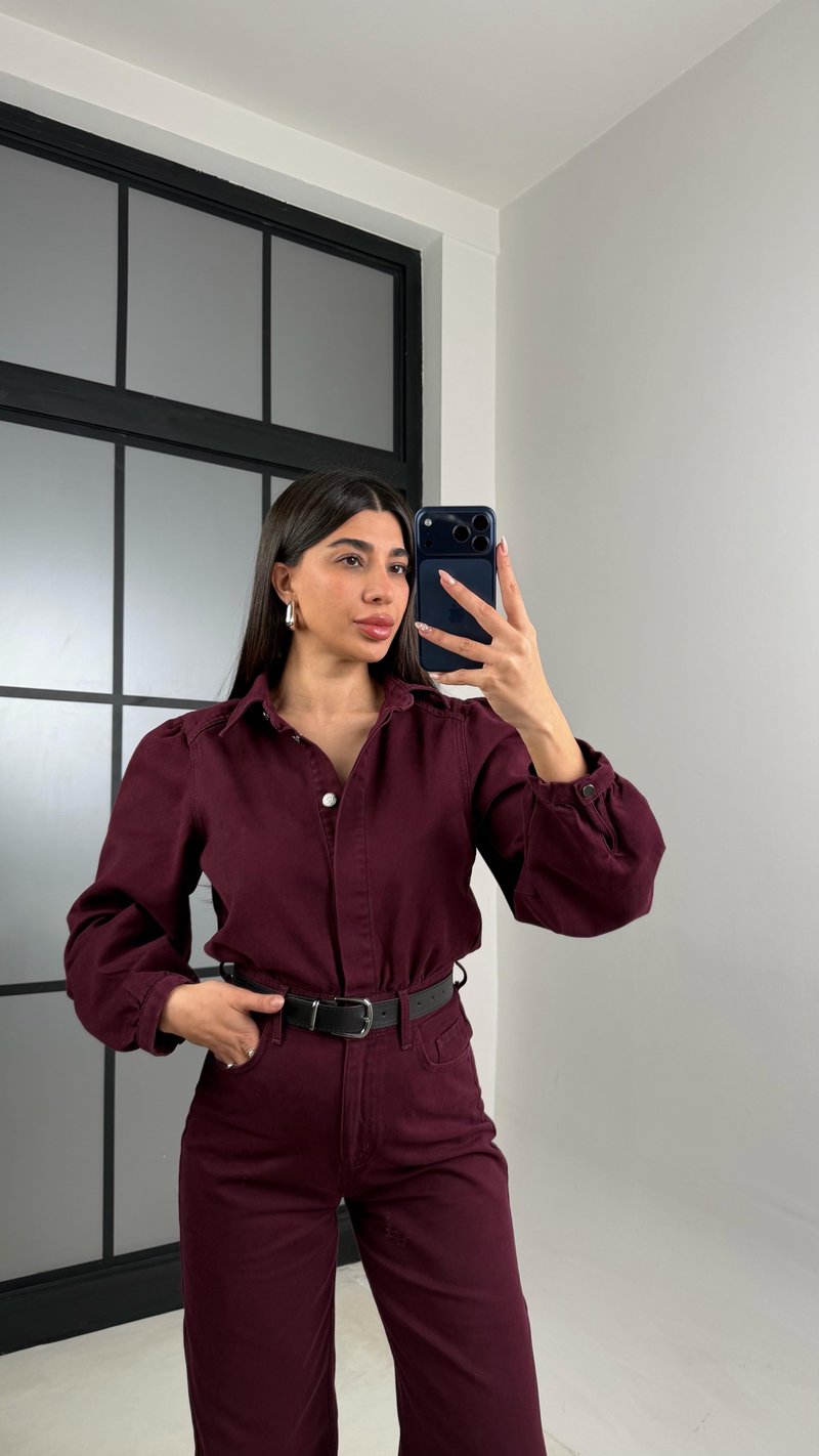 Bordo Kemerli Premium Denim Tulum GAUS-00673