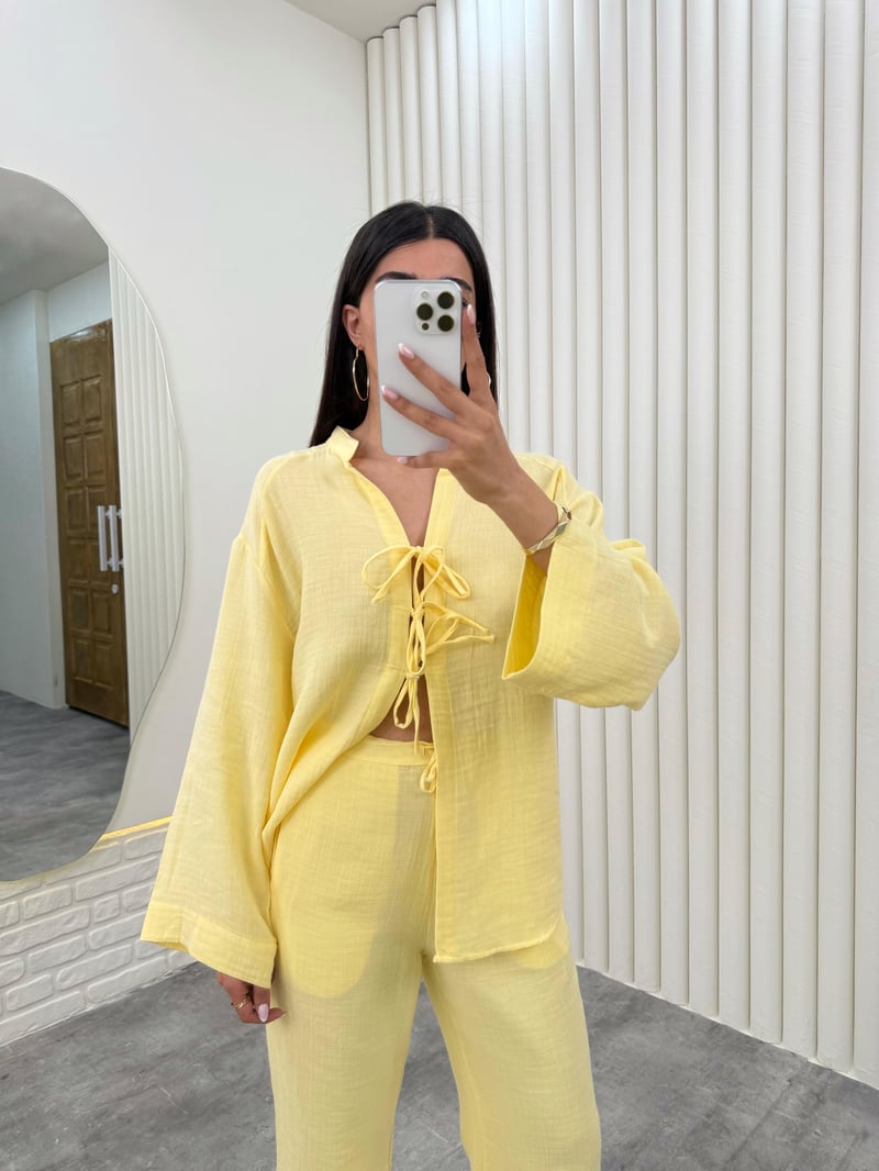 Sarı Önü Bağlamalı Beli Lastikli Müslin Kumaş Takım Gaus00282