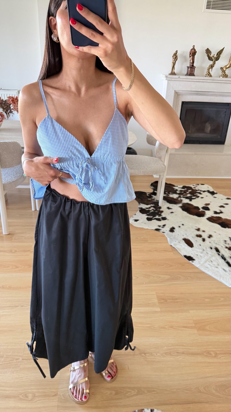 Siyah Geniş Paça Bağlamalı Lastikli Pantolon GAUS-01568