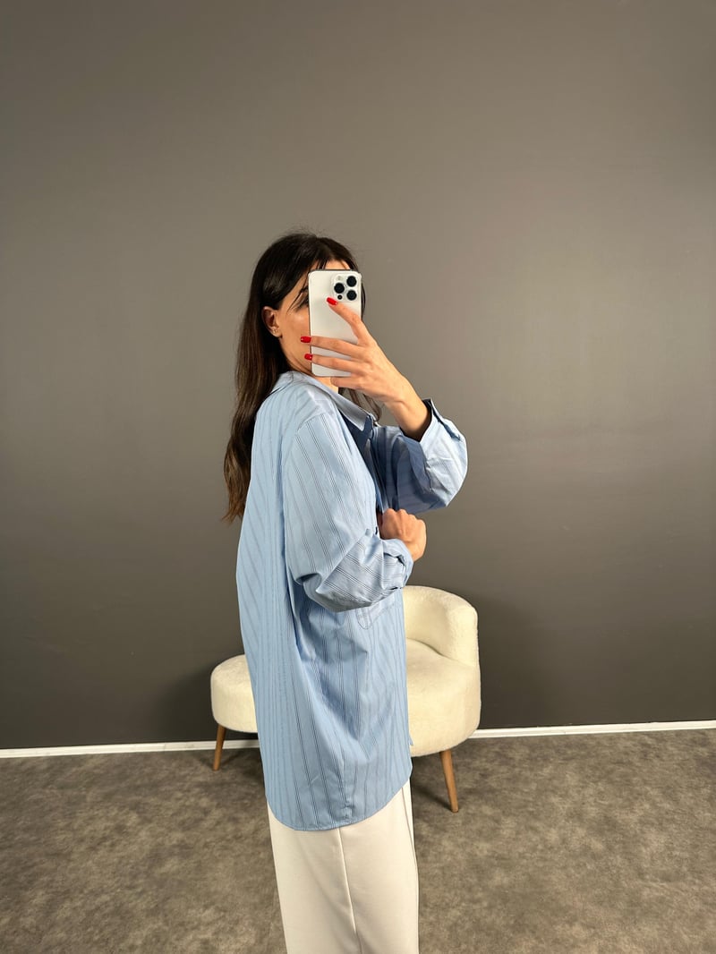 Megass Mavi Çizgili Oversize Gömlek