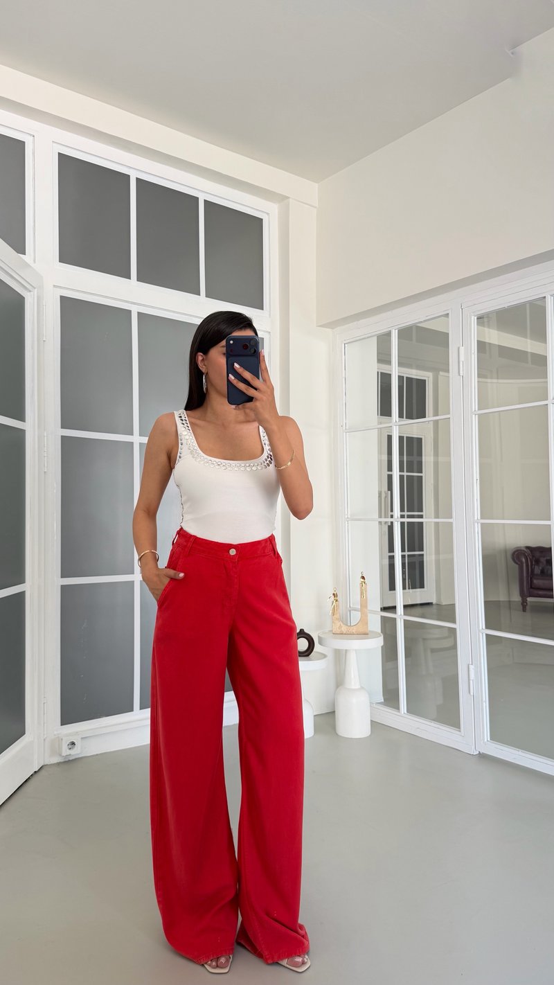 Kırmızı Yıkamalı Tencel Denim Pantolon GAUS-01786