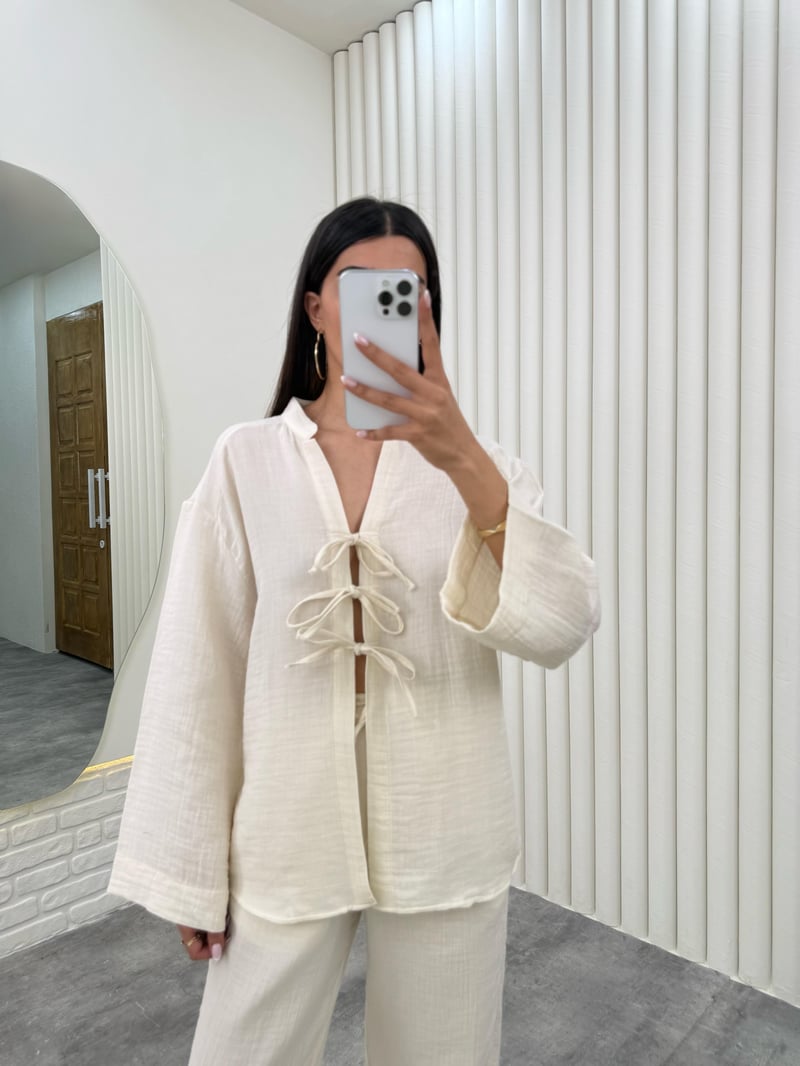 Ekru Önü Bağlamalı Beli Lastikli Müslin Kumaş Takım Gaus00282