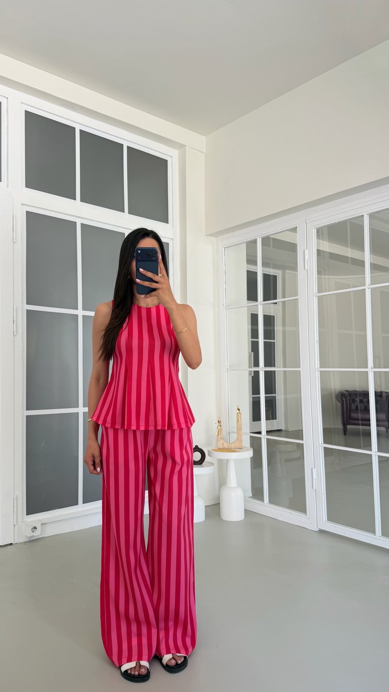 Pembe Kırmızı Çizgili Bluz Beli Lastikli Pantolon Çizgili Premium Takım GAUS-01740