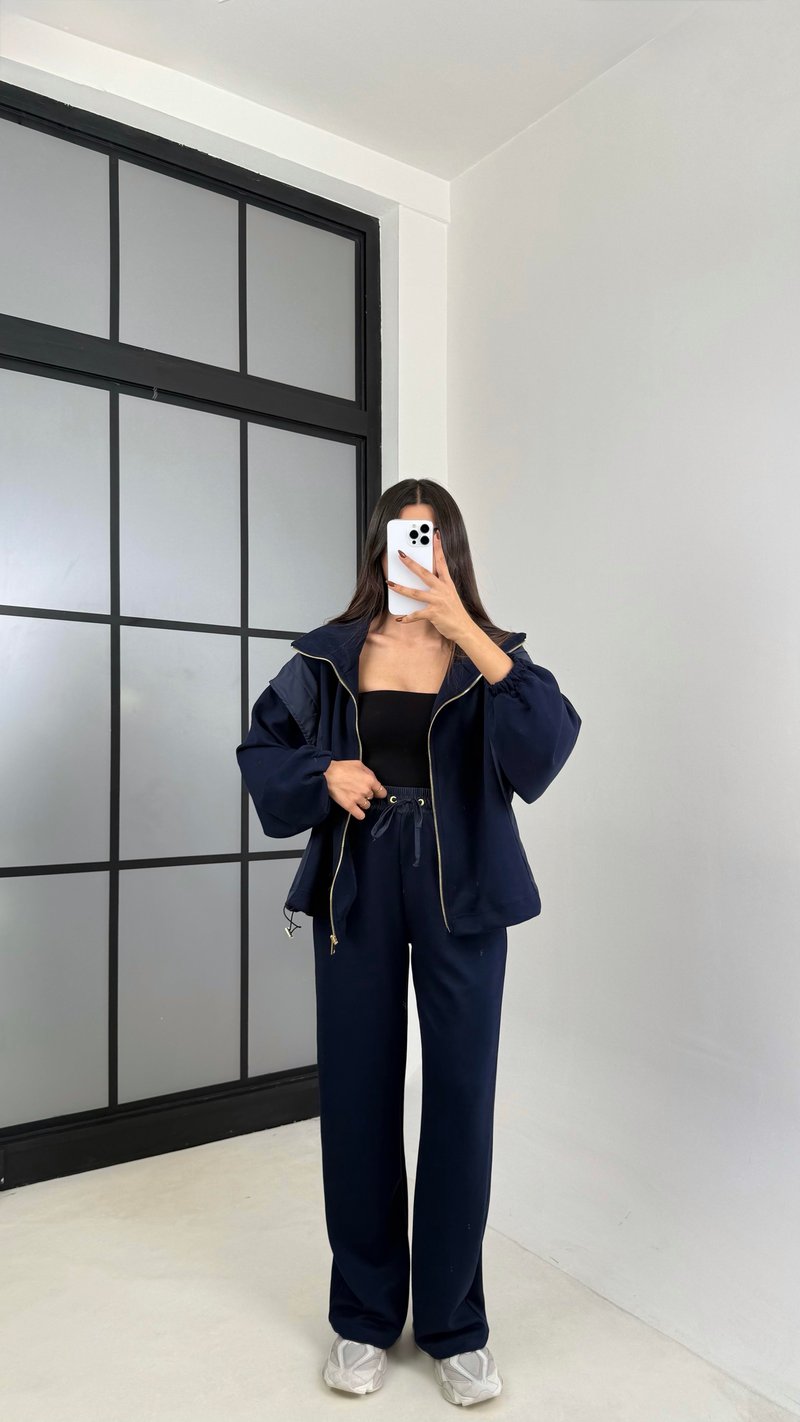 Lacivert Paraşüt Kumaş Detaylı Hırka Pantolon İkili Modal Kumaş Takım GAUS-00209