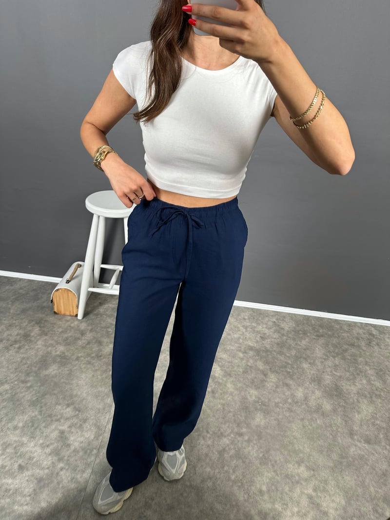 Flay Lacivert İthal Kumaş ZR Model Bel Bağlamalı Rahat Pantolon