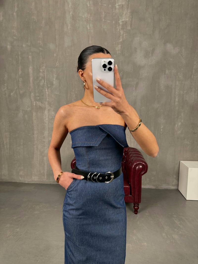 Eleta Mavi Tensel Denim Straplez Kemerli Elbise 
