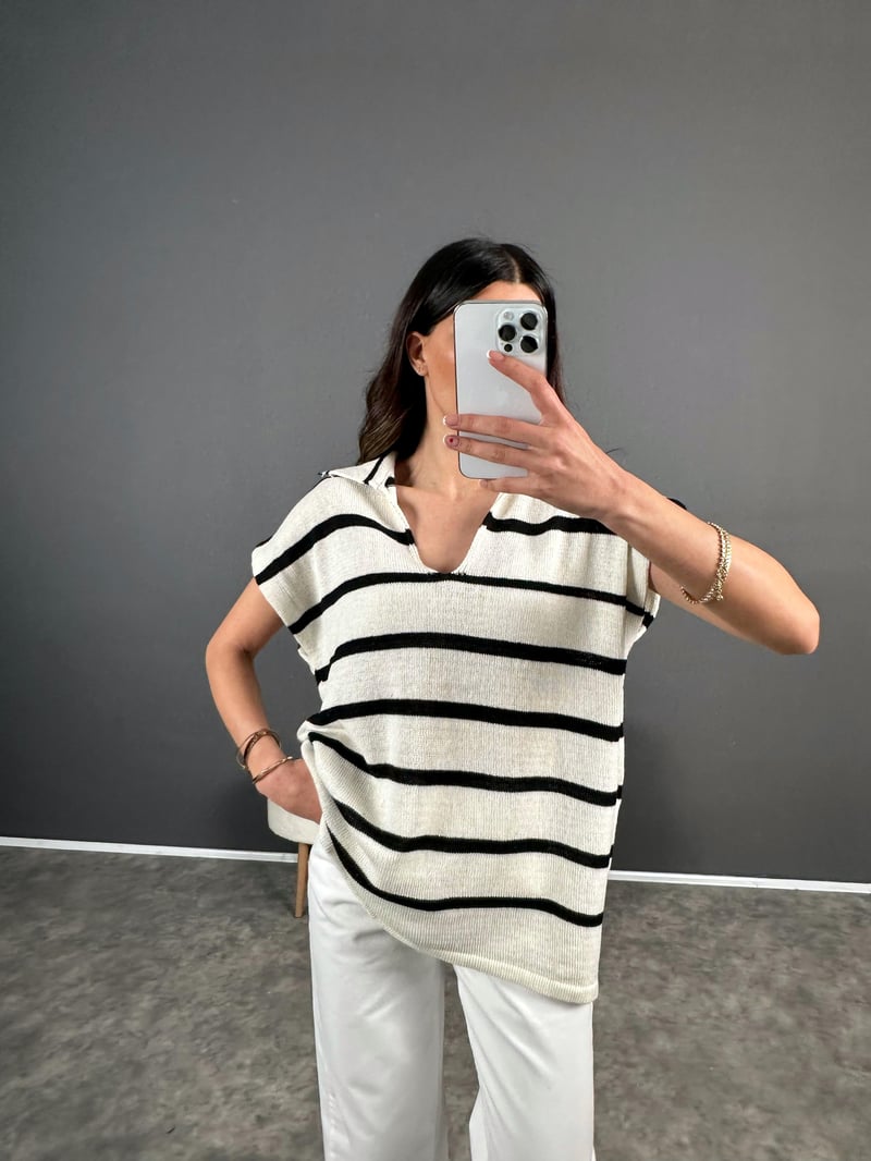 Çizgili Triko Polo Yaka Tshirt 