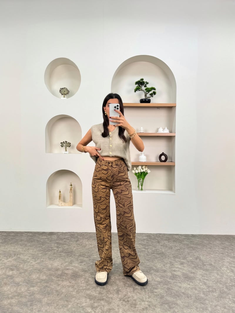 Yoko Kahve Desenli Denim Pantolon