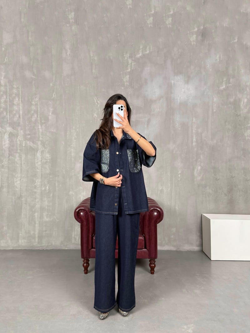 Lacivert Cep Taş İşlemeli Gömlek Pantolon Denim Takım Gaus00037