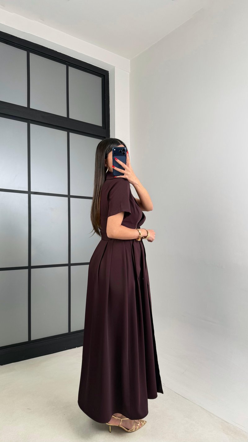 Mürdüm Gold Toka Kuşaklı Krep Kumaş Uzun Elbise GAUS-00974