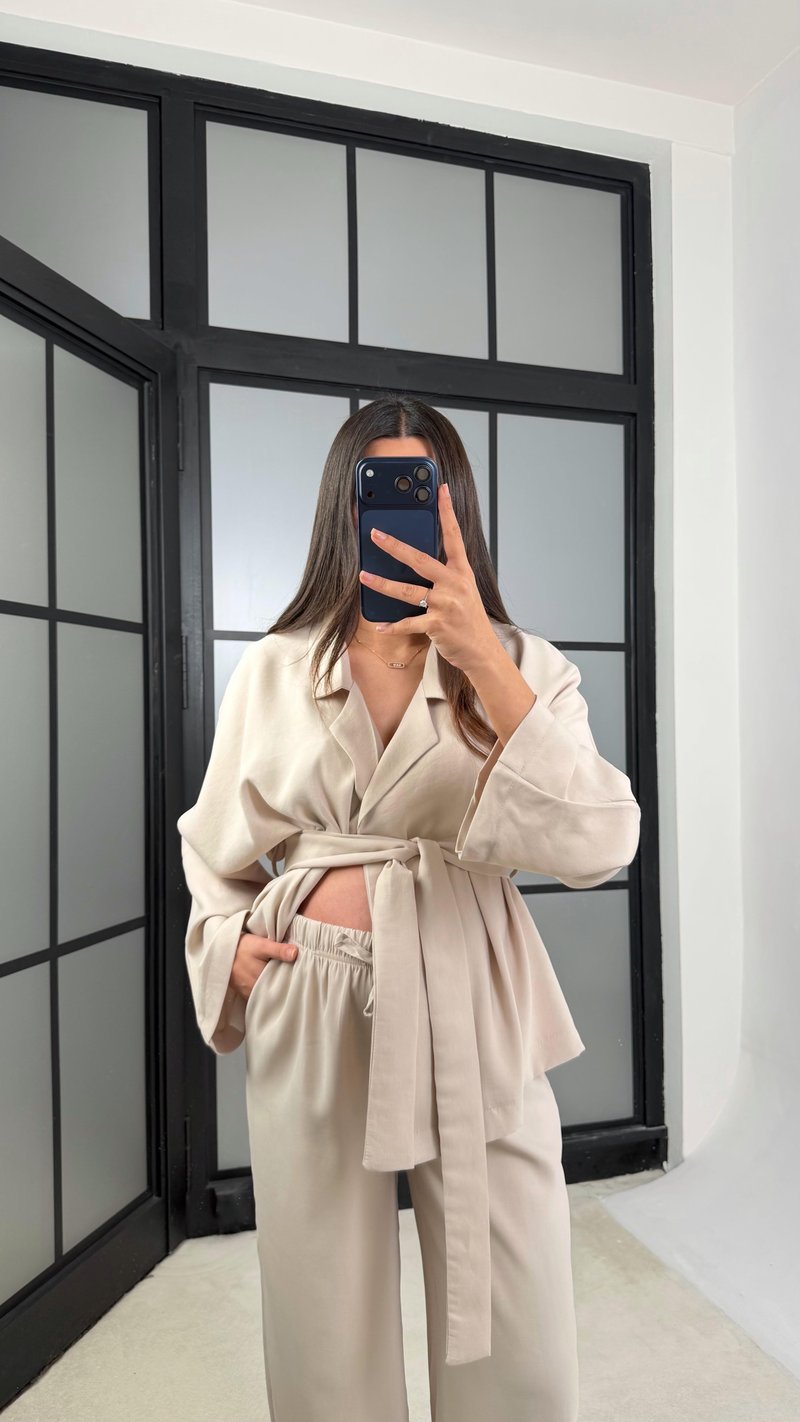 Taş Kuşaklı Ceket Beli Lastikli Pantolon Tencel Takım GAUS-01128