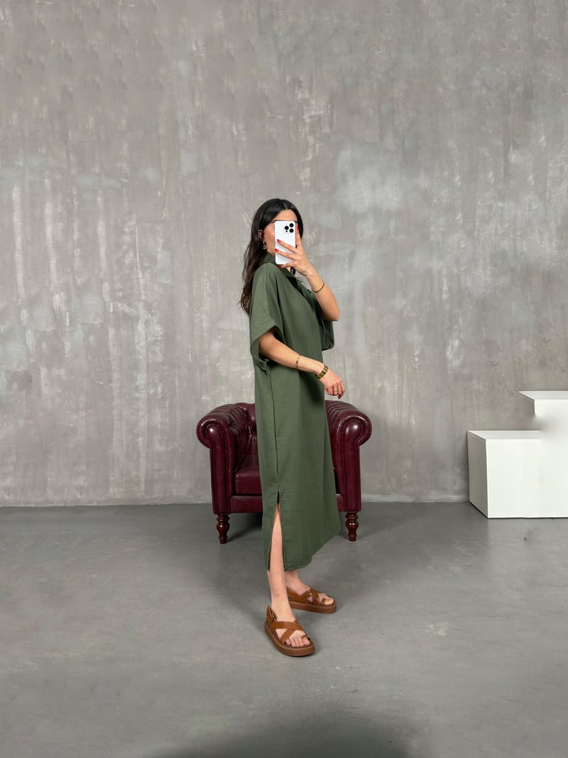 Khaki V Polo Collar Side Slit Linen Dress Gaus00164