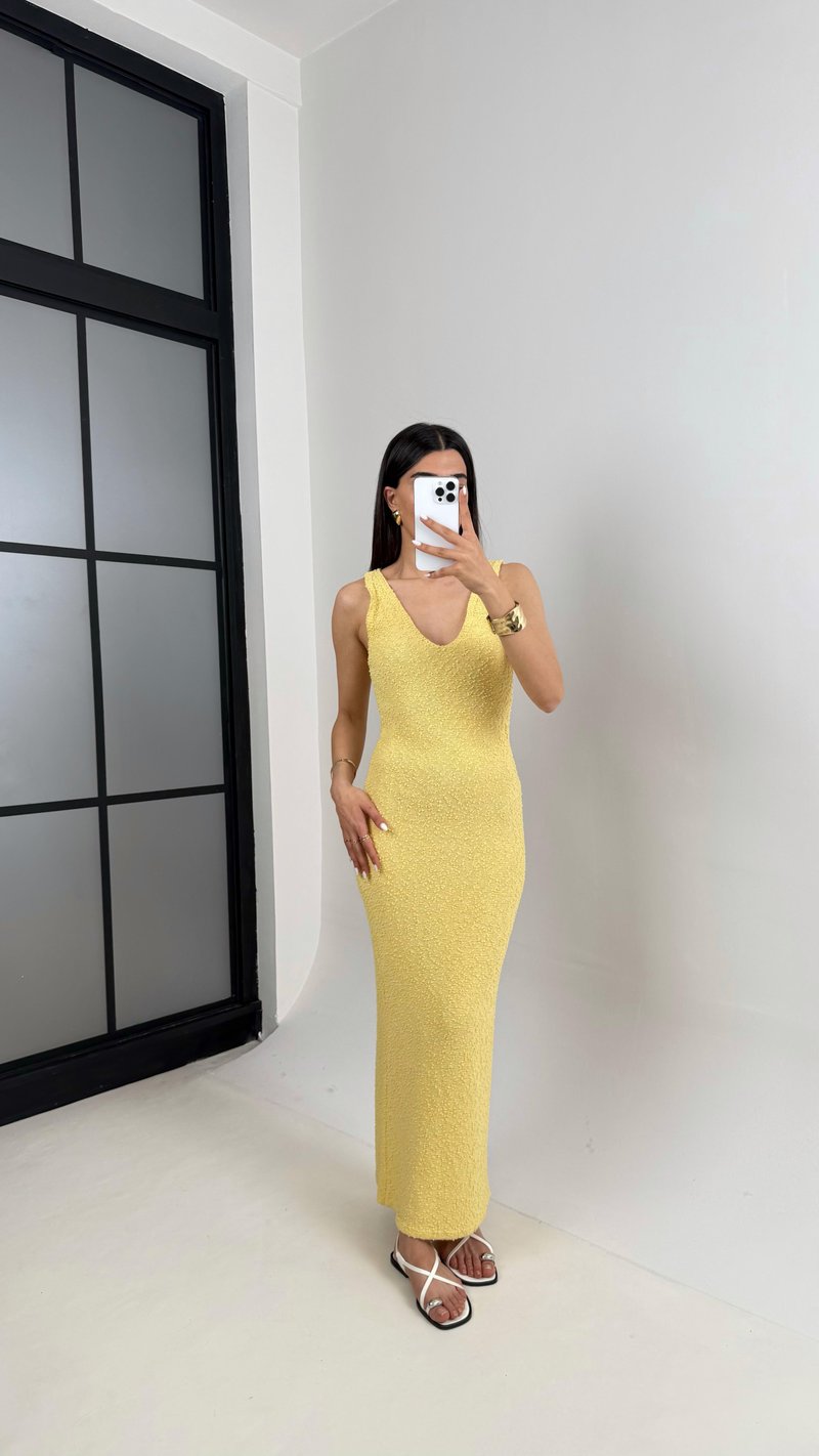 Sarı V Yaka Askılı Triko Elbise Gaus00412