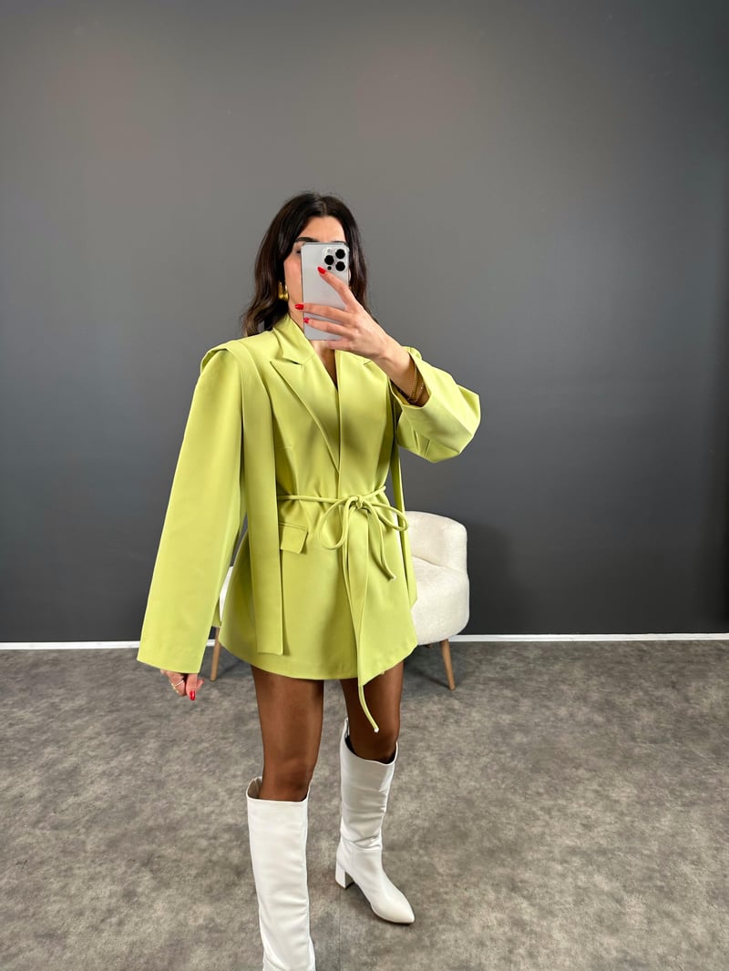 Marisol Premium Yeşil Bağlamalı Astarlı Blazer Ceket