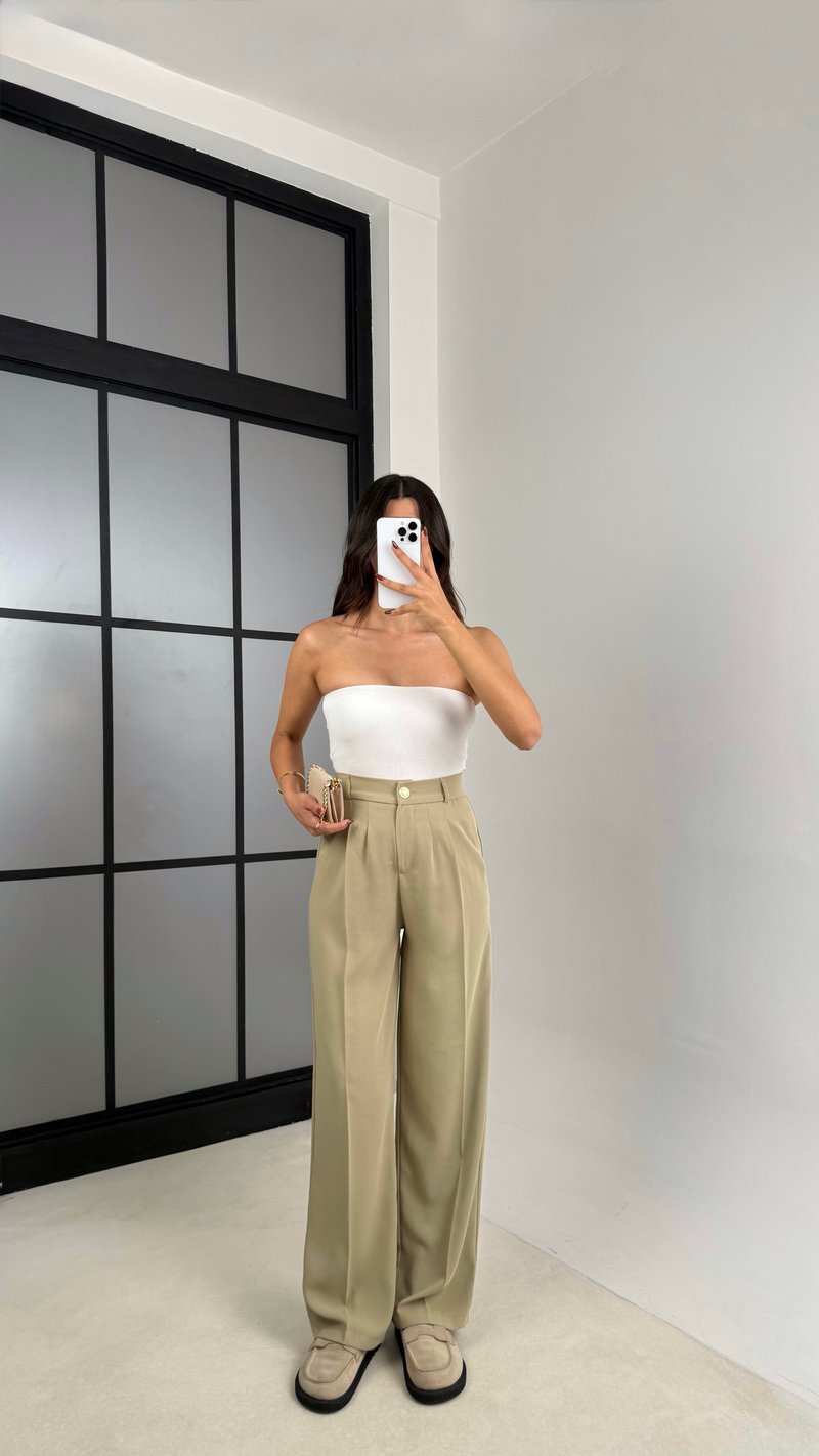 Yeşil Gold Düğmeli Beli Lastikli Premium Pantolon GAUS-00141