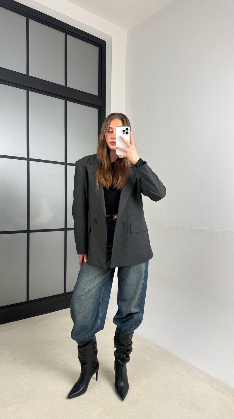 Antrasit Astarlı Vatkalı Cep Detaylı Blazer Ceket GAUS-01158