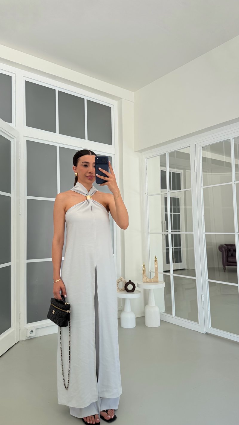 Gri Tulum Görünümlü Bluz Pantolon İkili Premium Takım GAUS-01738