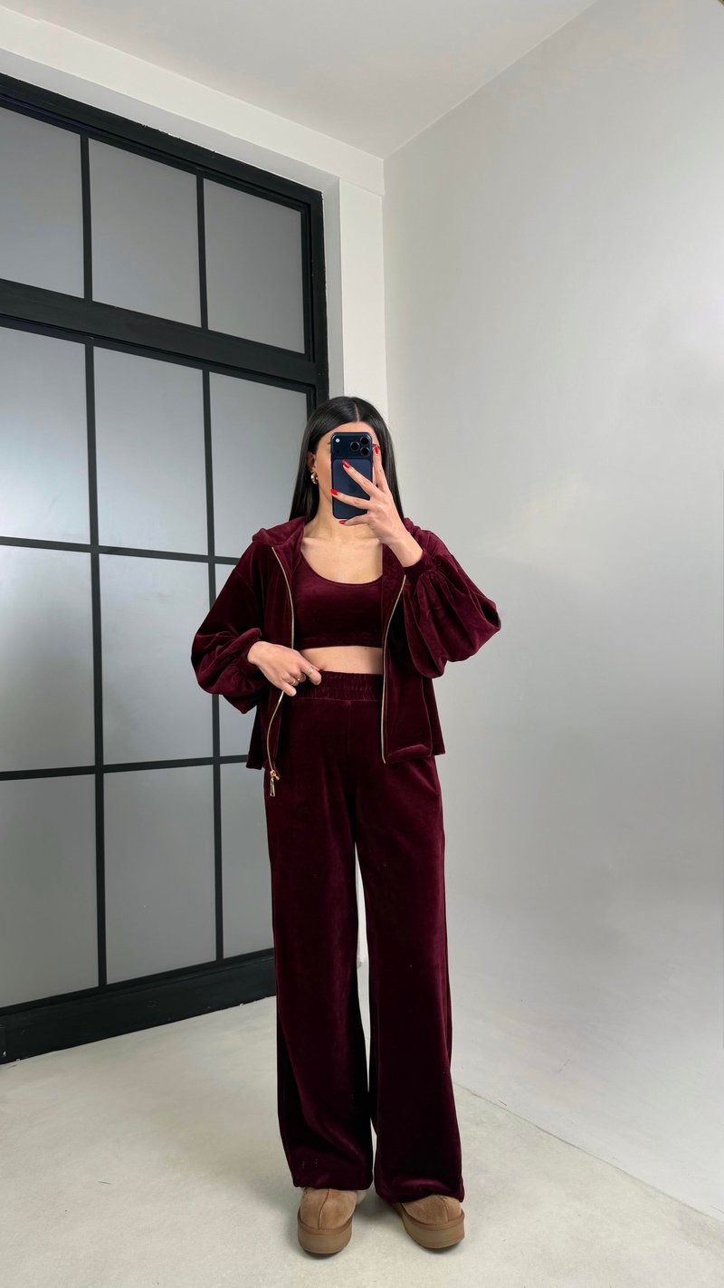 Mürdüm Kapüşonlu Hırka Crop Beli Lastikli Pantolon 3lü Kadife Takım GAUS-00875