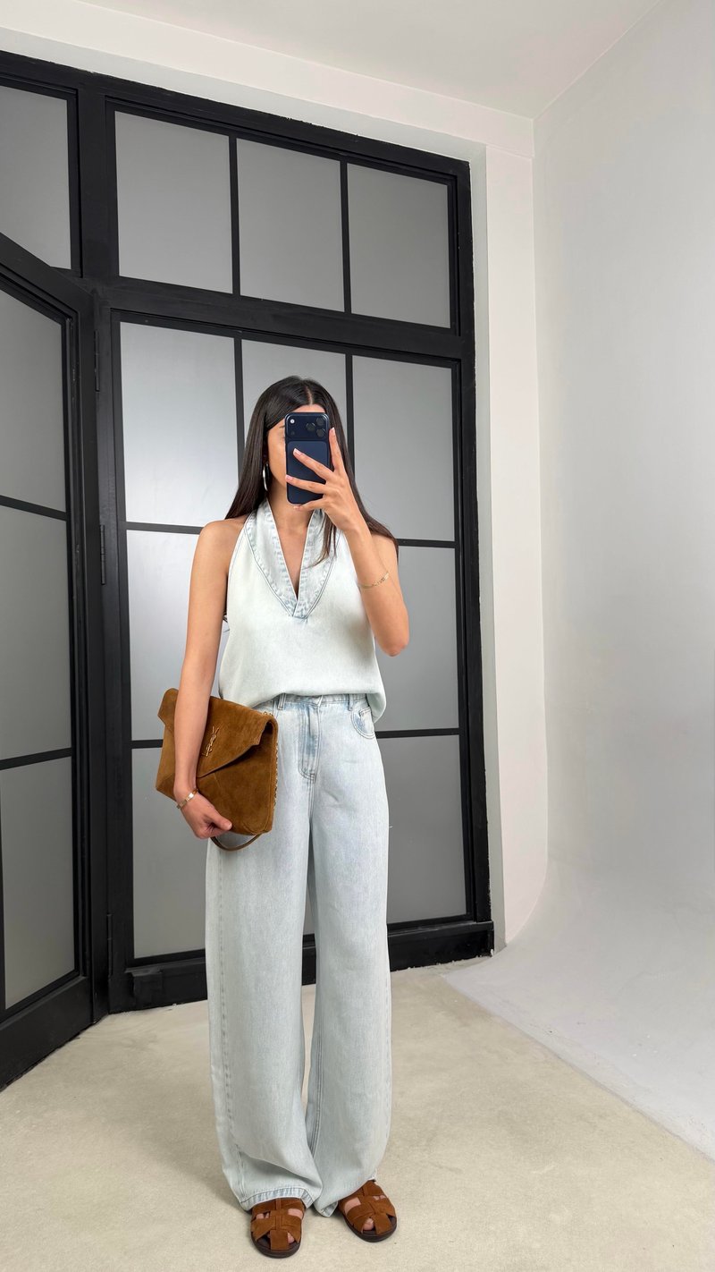 Buz Mavi Halter Yaka Tencel Denim Takım GAUS-01520 GAUS-01379