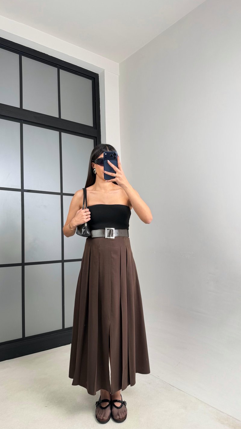 Acı Kahve Deri Kemerli Yırtmaçlı Tencel Etek GAUS-01088