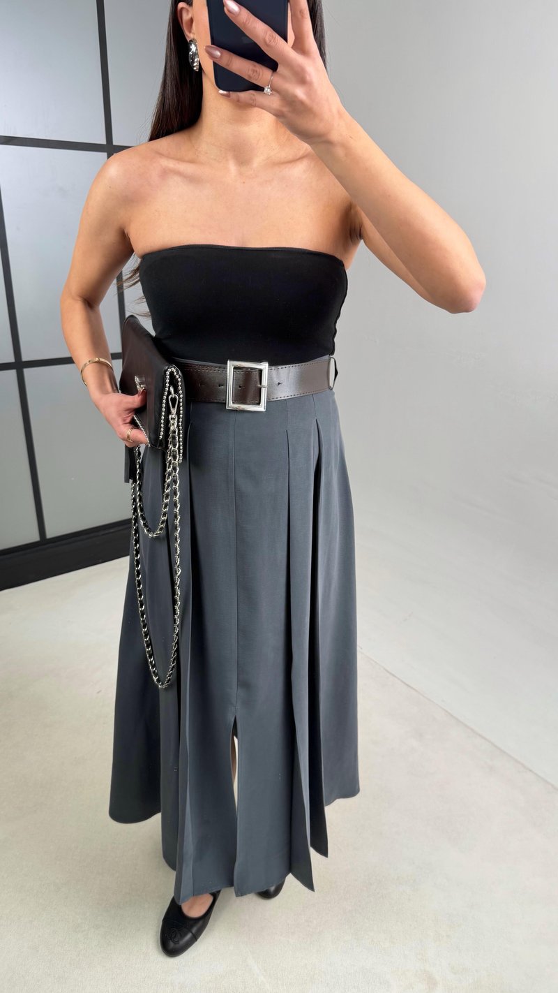 Antrasit Deri Kemerli Yırtmaçlı Tencel Etek GAUS-01088