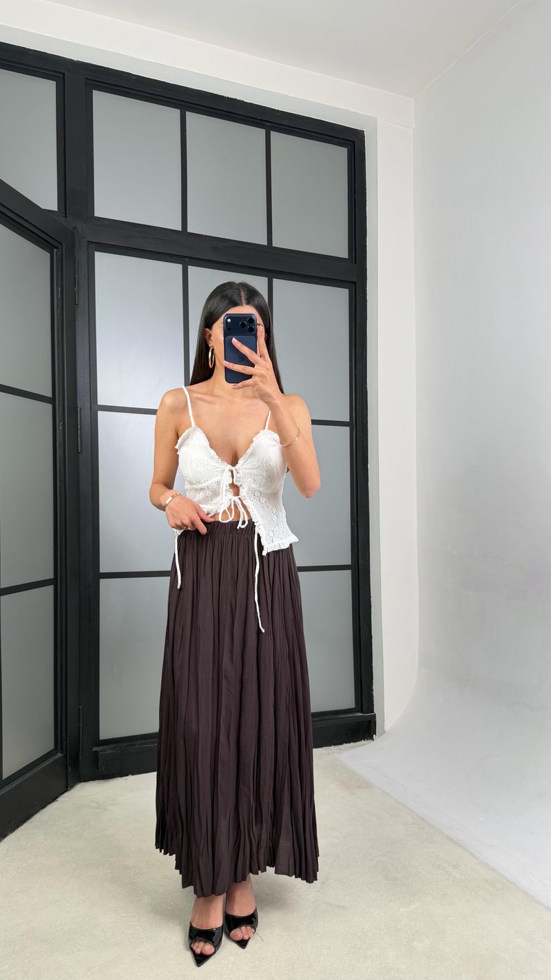 Koyu Mürdüm Beli Lastikli Kırışık Kumaş Etek GAUS-01320