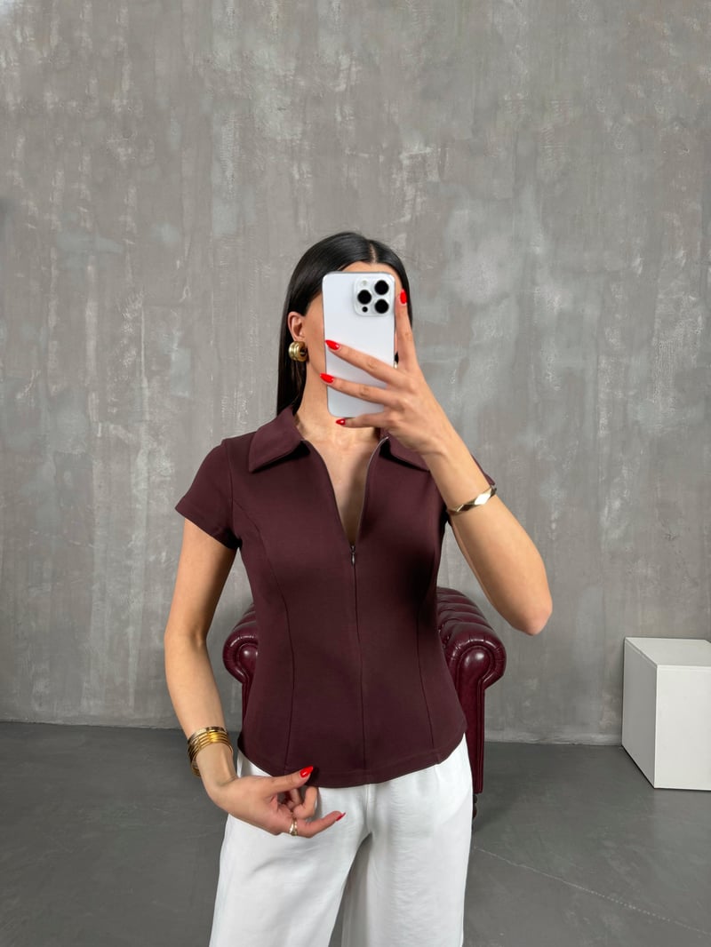 Mürdüm Polo Yaka Ön Fermuarlı Tshirt Gaus00191