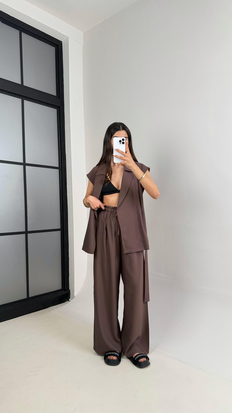 Acı Kahve Cepli Kuşaklı Yelek Beli Lastikli Pantolon Tensel Takım Gaus00433