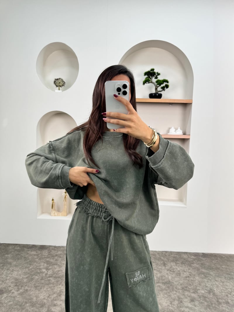 Berry Haki Eskitme Bisiklet Yaka Taşlı Takım