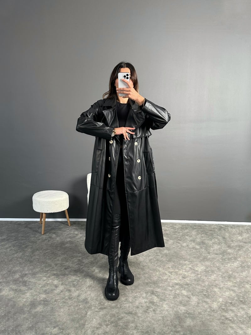 Siyah Premium Uzun Oversize Deri Ceket 