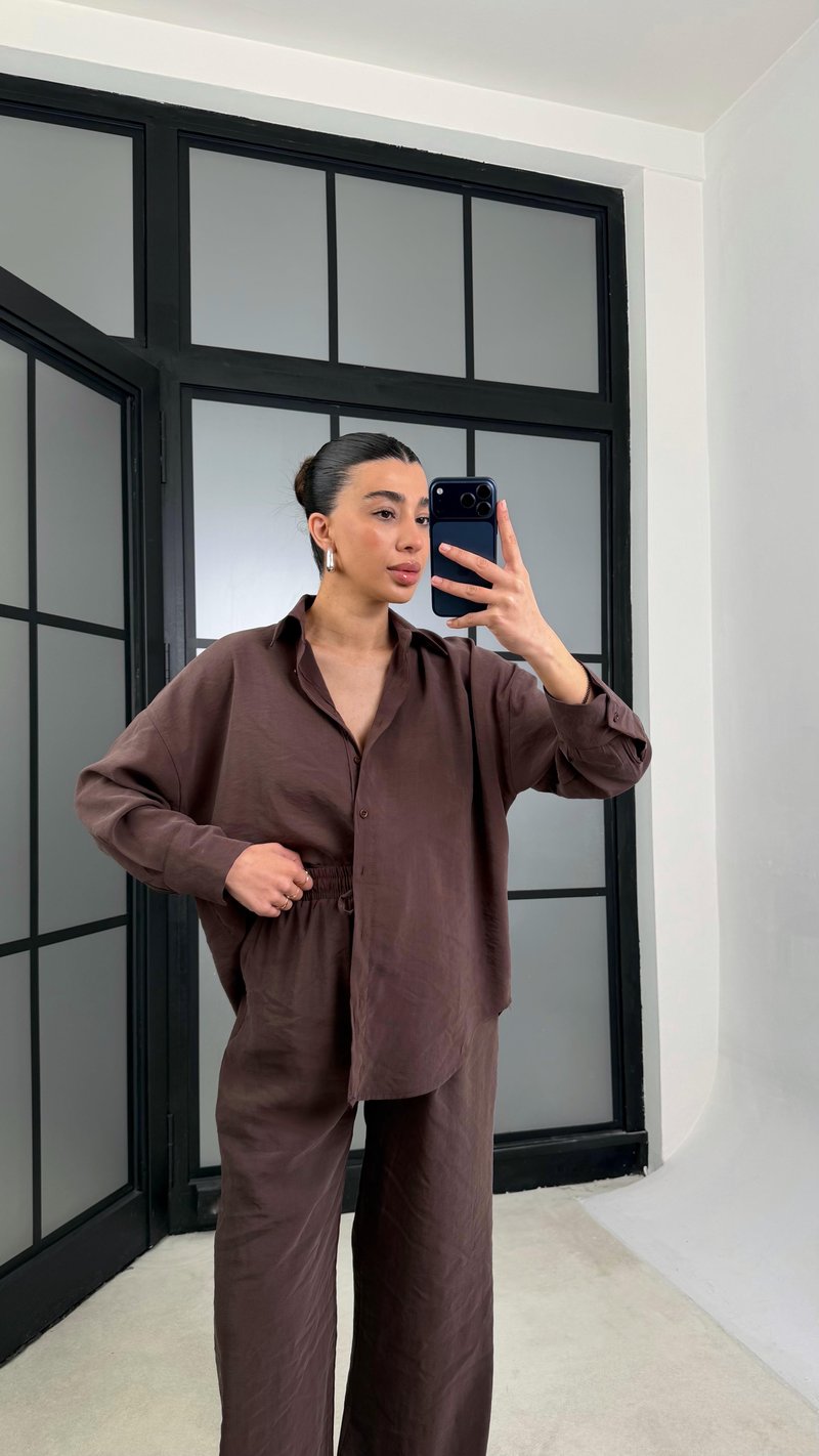 Kahve MD Muadil Gömlek Beli Lastikli Pantolon Tencel Takım GAUS-01278