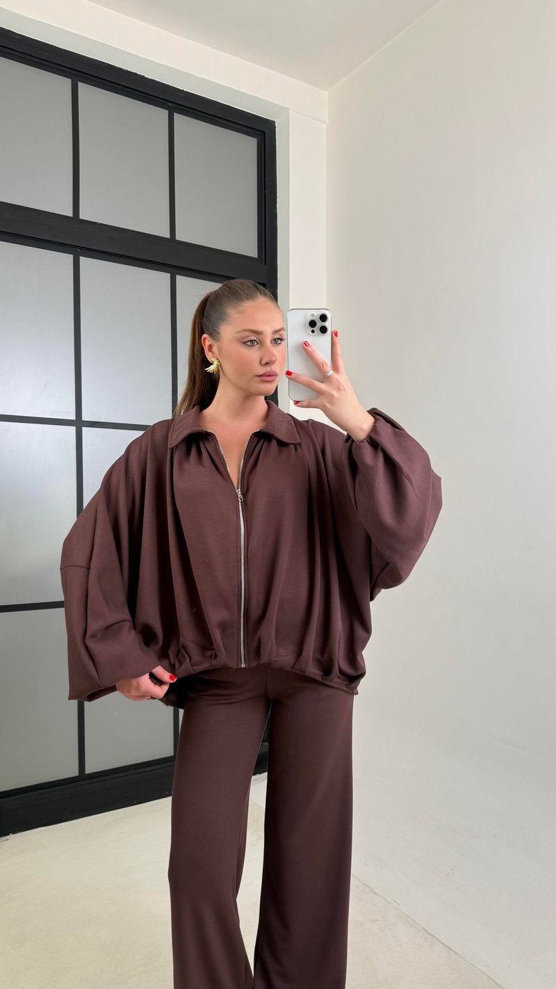 Kahve Bomber Hırka Beli Lastikli Pantolon İkili Takım GAUS-00556